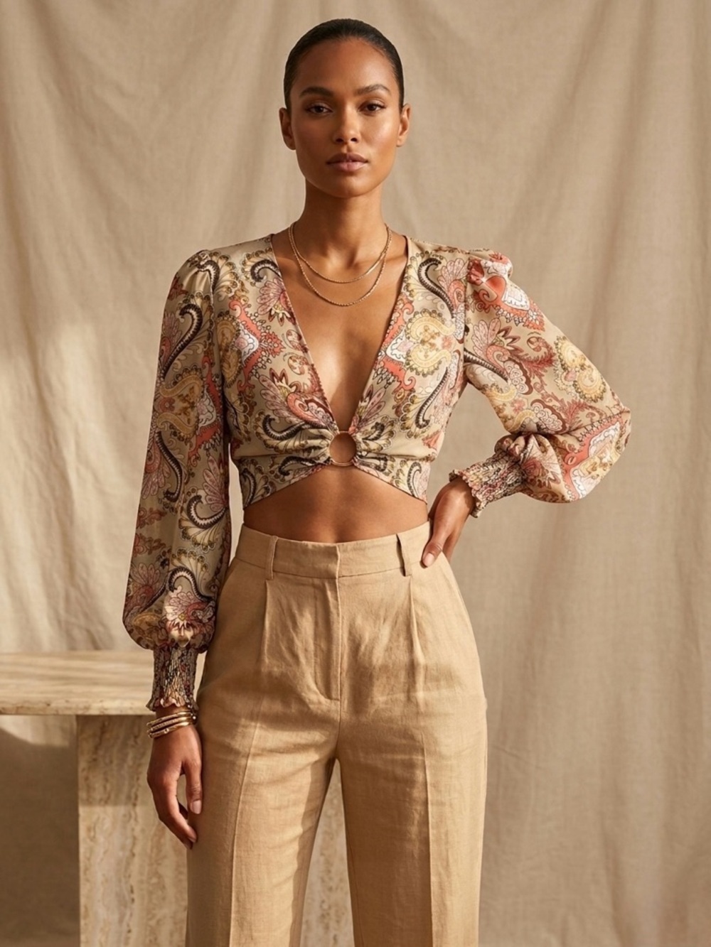 Boho Paisley Ring Front Crop Top Lightweight & Flowy Y2K Size Small Cut Out Top